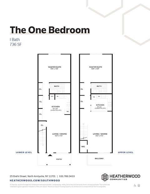 A diagram of a one bedroom apartment layout at Heatherwood Communities.